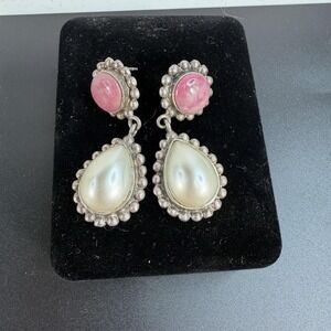 Sterling Silver Post Stud Earrings 925 Pink Pearl SW 2‎ Cab Drop Dangle Teardrop